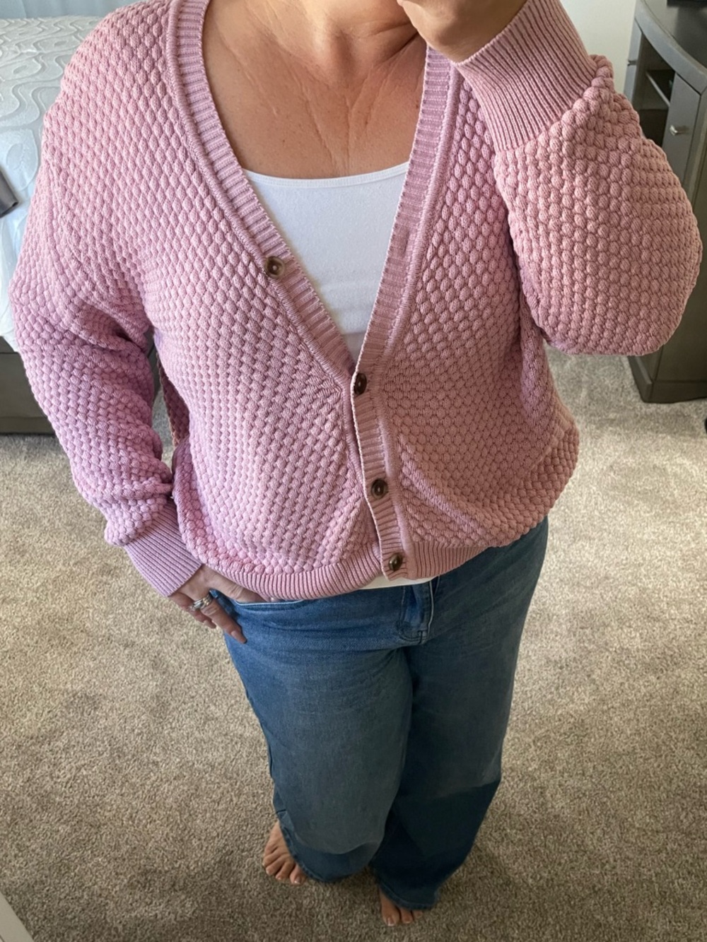 Levi's Pink Bubble-Knit V-Neck Button Cardigan